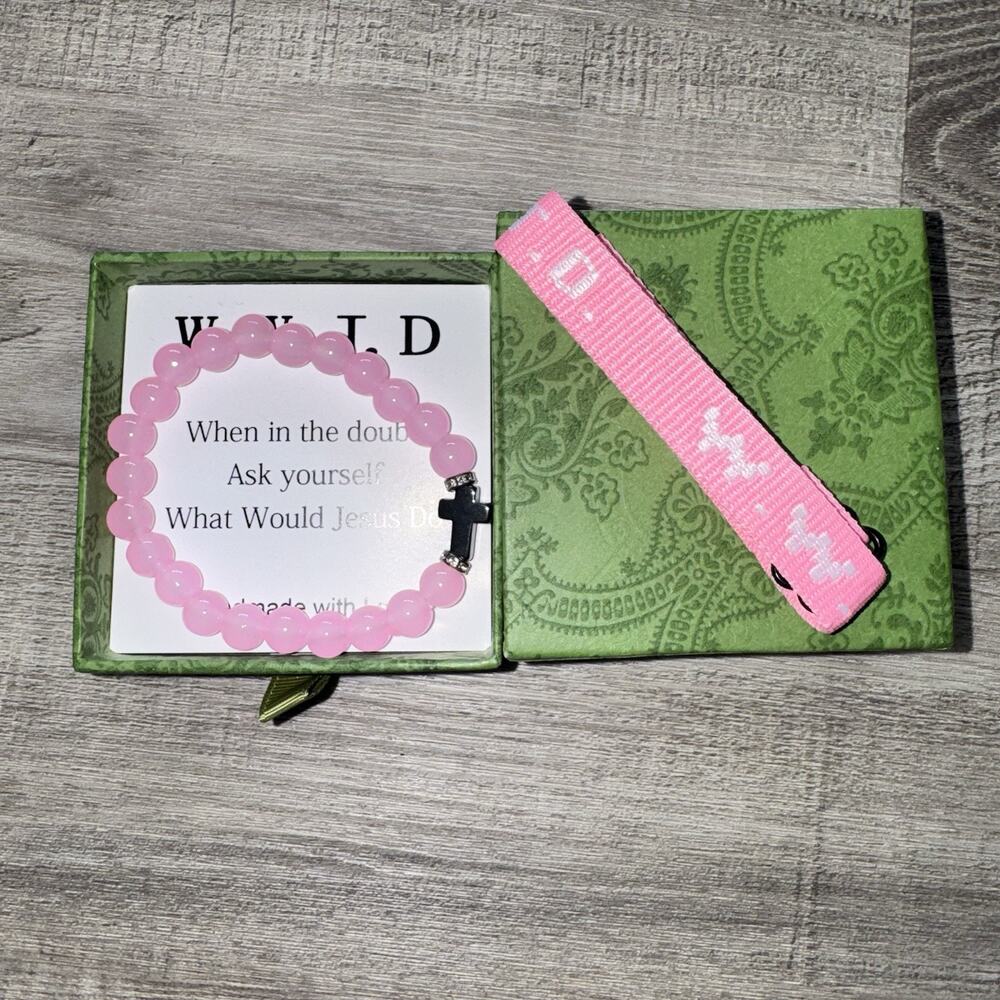 WWJD Pink Beaded Bracelet & Pink Faith Wrist Strap Christian Gift Set